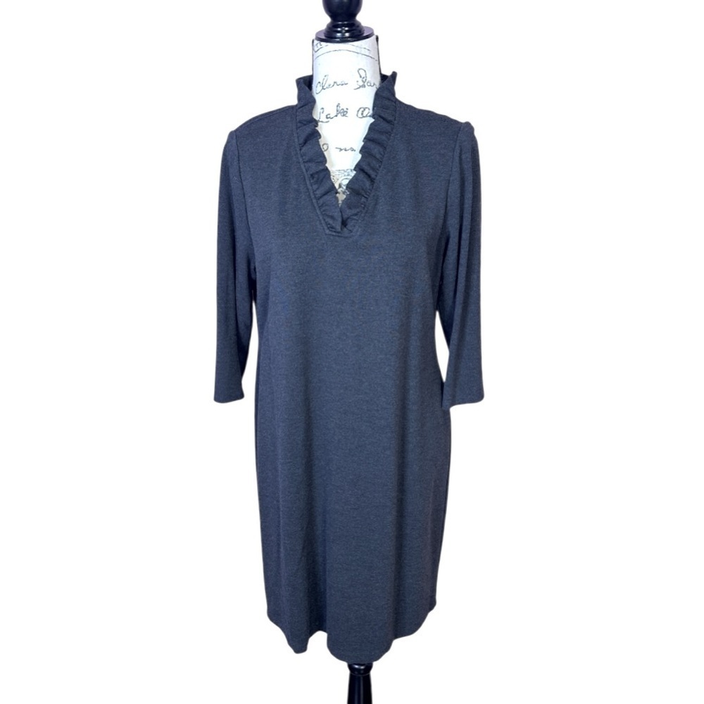 Jones New York Elegant Gray Ruffle Neck Dress Size 12